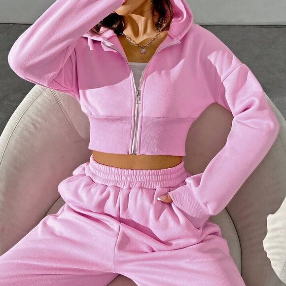 Pink Casual Women's Spring Zip Front Hooded Sweatshirt And Pants Set - Picture 4 of 7